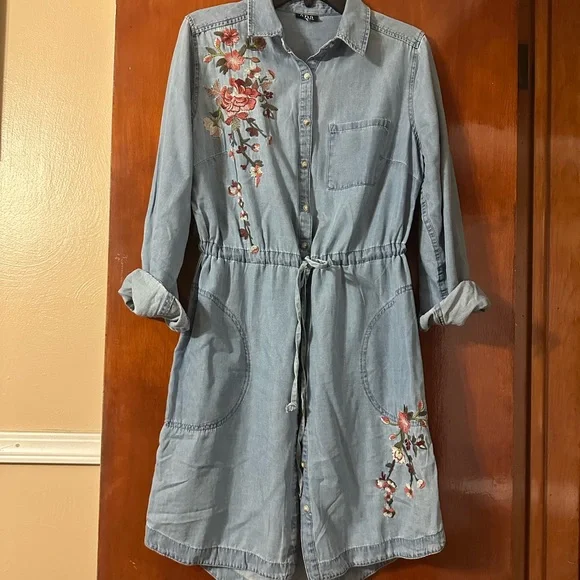 Embroidered Denim Shirt Dress - Picture 1 of 6
